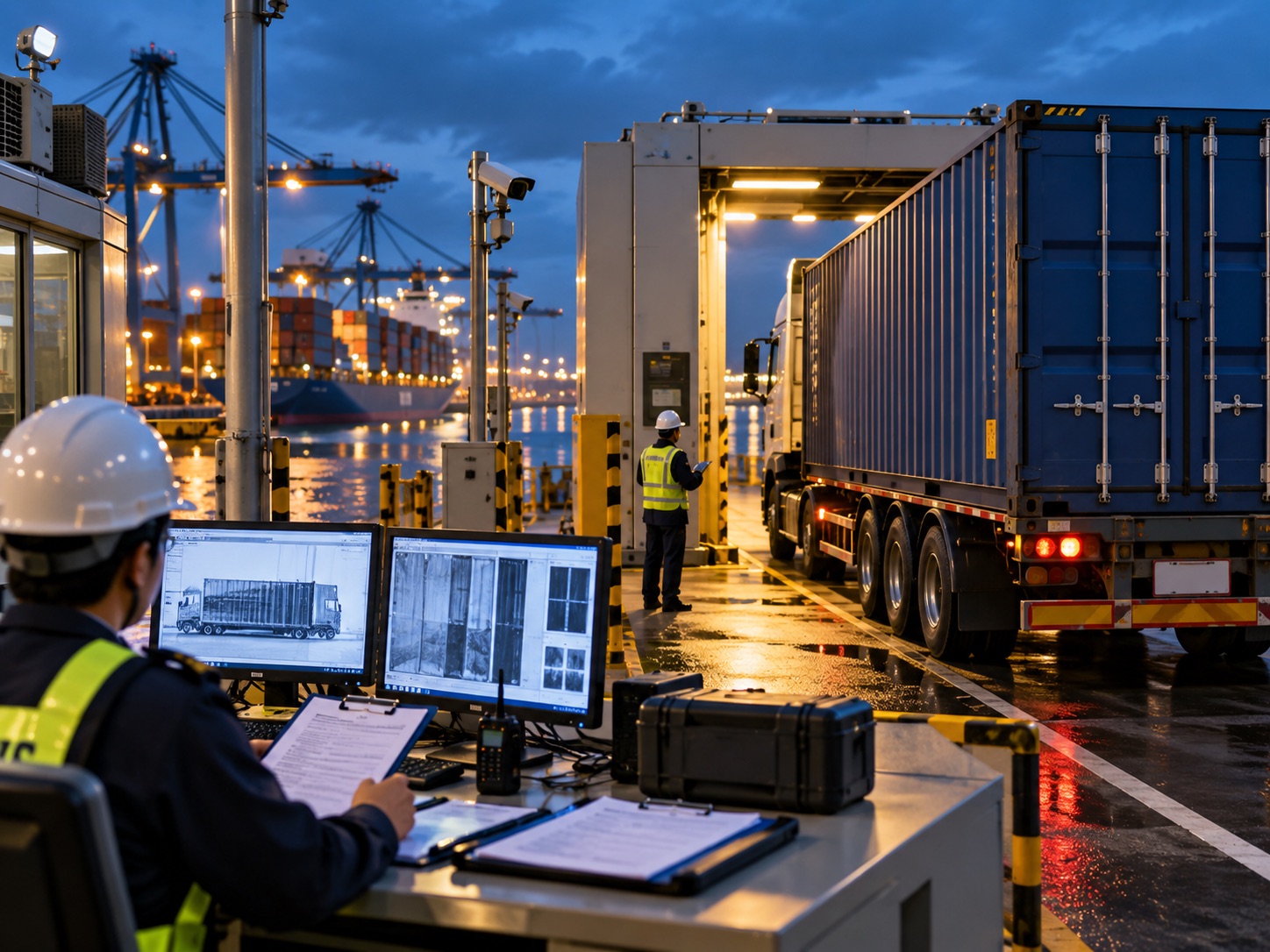 Container cargo passing through a modern seaport customs inspection checkpoint