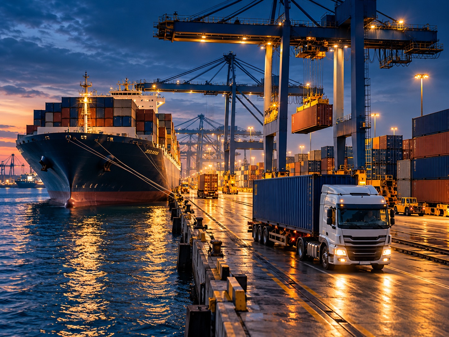 Container ship, port cranes and truck working together in one cargo journey