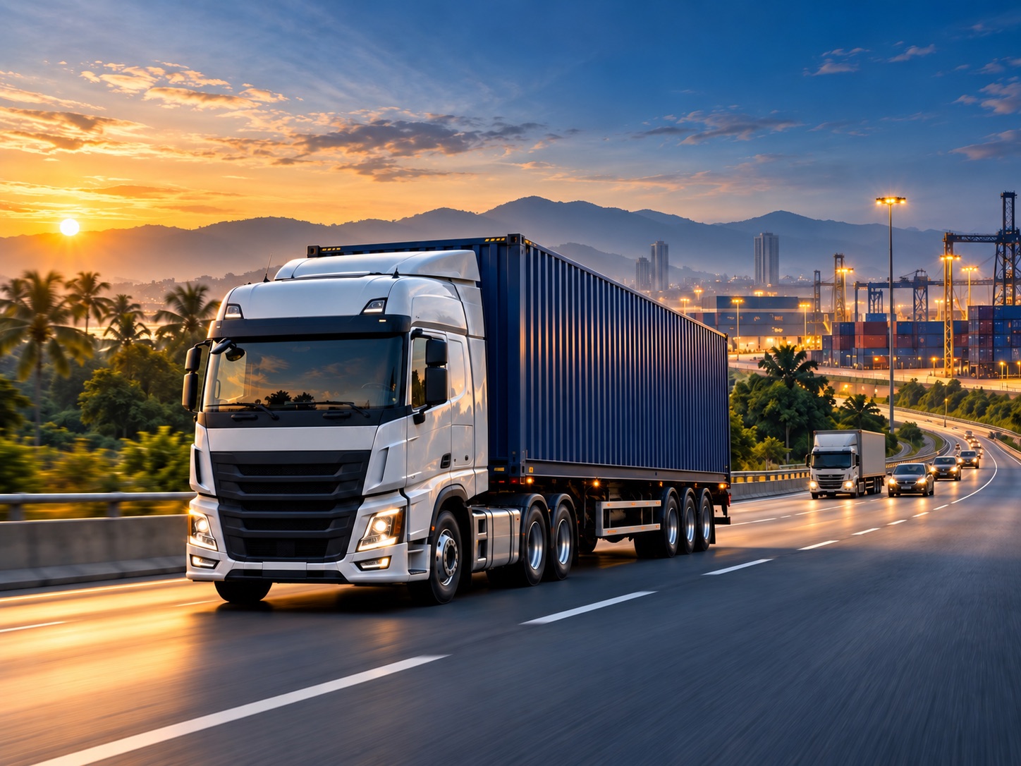 Container truck travelling along a Malaysian logistics corridor