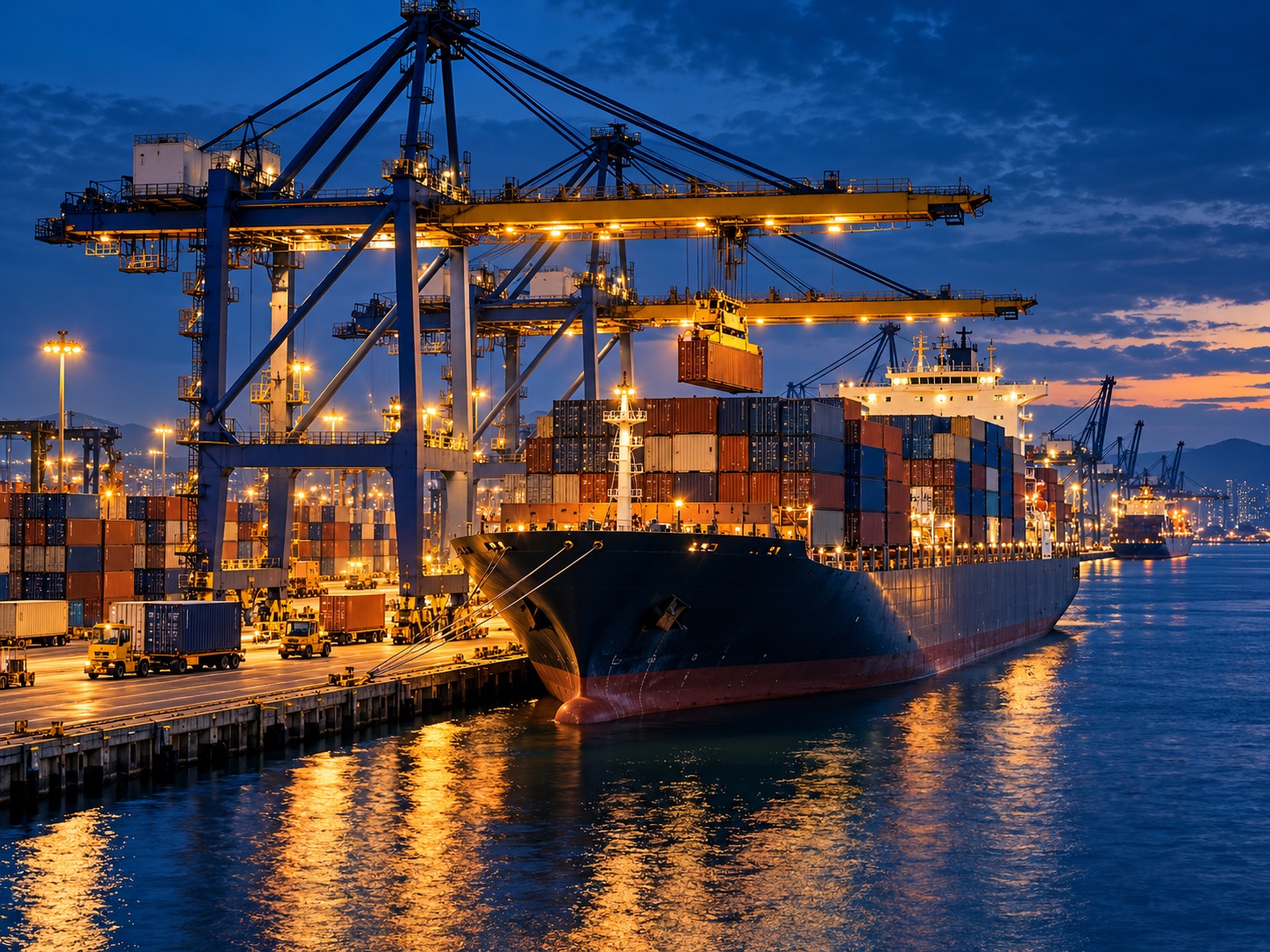 Container ship being loaded by gantry cranes at an international port